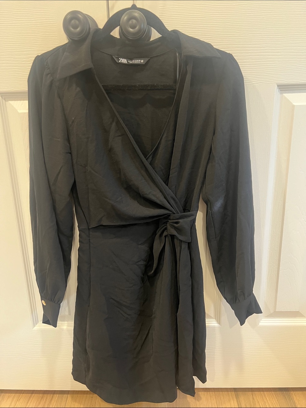 Zara Black Wrap Tie-Front Long Sleeve Dress with Collar